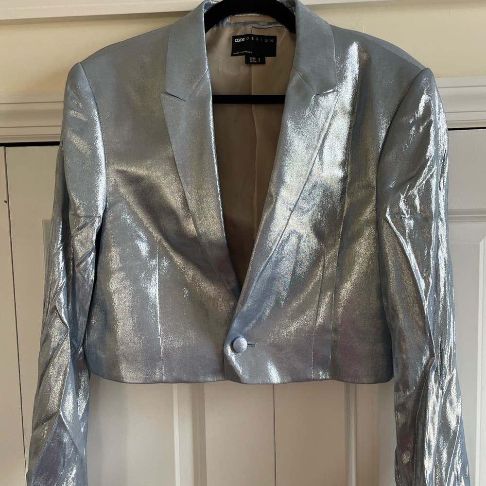 Asos Design metallic silver blue cropped blazer